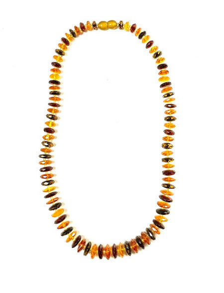 Carved Amber Barrel and Biwa Stick Pearl Necklace