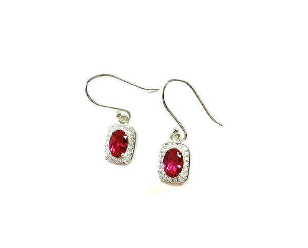 SS Created Ruby Oval and Square Dangle Earrings