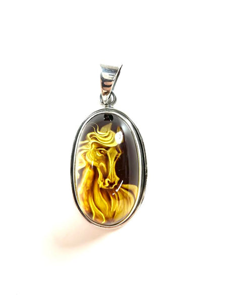 SS Amber Horse Carved Oval Pendant