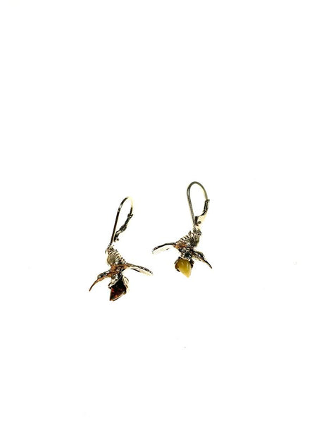 SS Amber/Butterscotch Amber Hummingbird Holding Rose Earrings