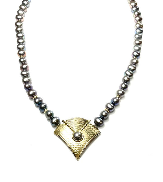 14K Fresh Water Pearl Gray and Gold Necklace