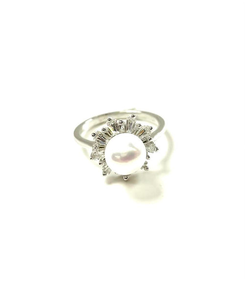 SS Pearl and CZ Sunburst Ring Size 7, 8