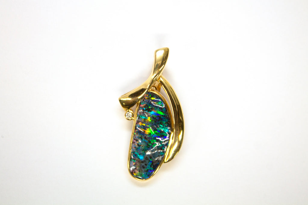 18K Natural Boulder Opal and Diamond Pendant