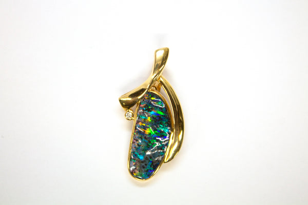 18K Natural Boulder Opal and Diamond Pendant