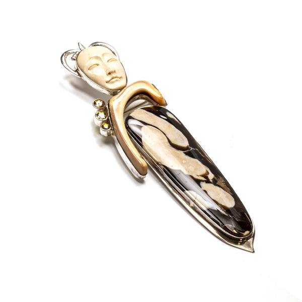 SS Art Nouveau Fossilized Palm Wood, Shell & Fossilized Walrus Tusk, Citrine & Lemon Quartz Pin/Pendant