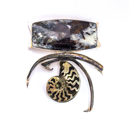 SS Art Nouveau Fossilized Palm Wood, Shell & Fossilized Walrus Tusk, Citrine & Lemon Quartz Pin/Pendant