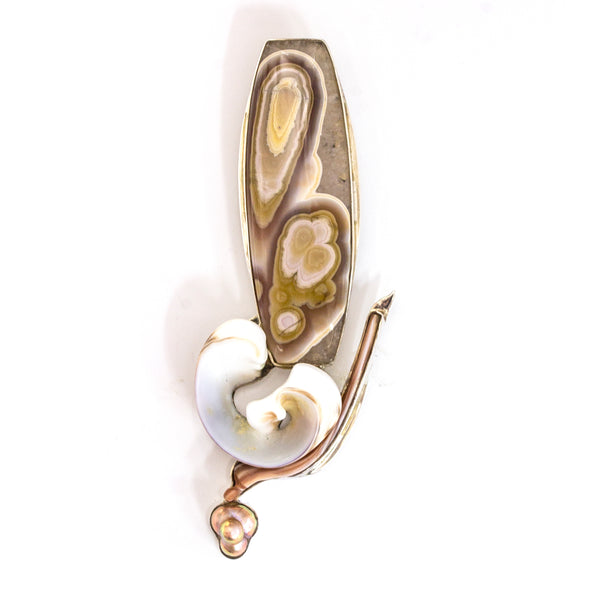 SS Crazy Lace Agate, Shell & Pearl Pin/Pendant