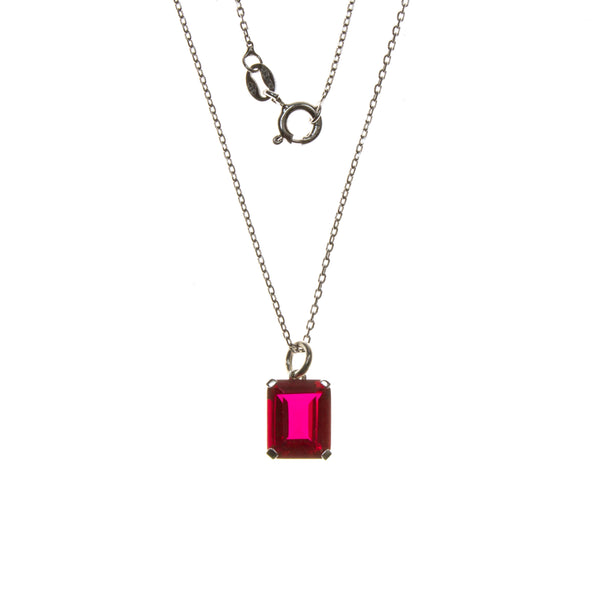 Sterling Silver Created Ruby Rectangle Necklace