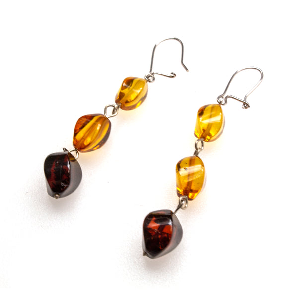 SS Amber 3-tone Twisted Bead Dangle Earrings
