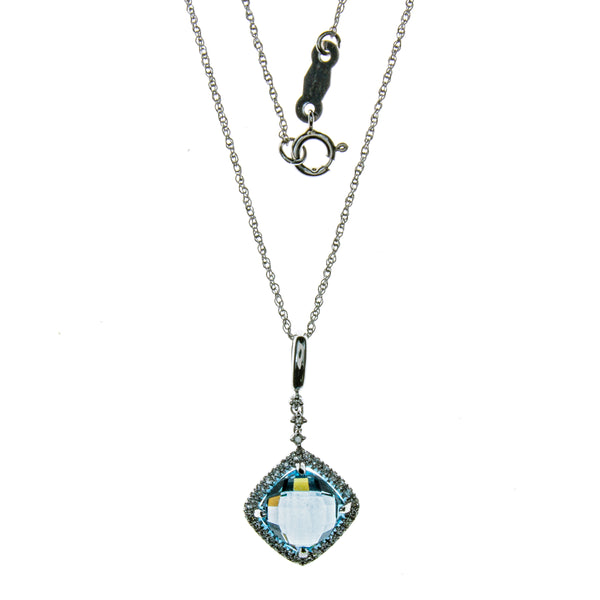 14K White Gold Blue Topaz Square Necklace