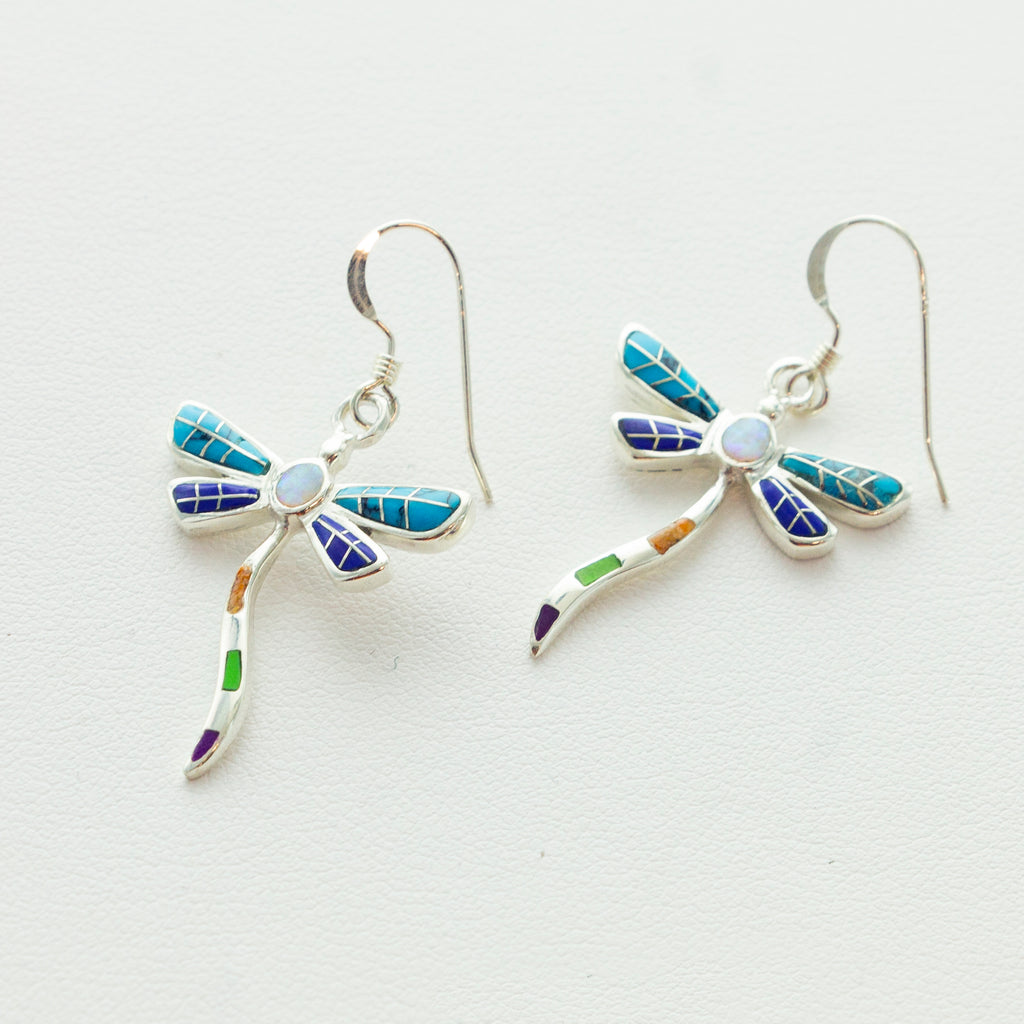 SS Multi Inlay Wavy Dragonfly Earrings
