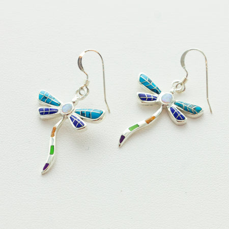 SS Green Inlay Wavy Dragonfly Earrings