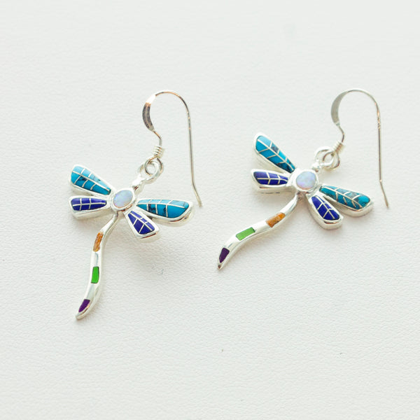 SS Multi Inlay Wavy Dragonfly Earrings