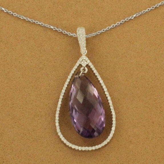 14K White Gold Amethyst Diamont Pear Necklace