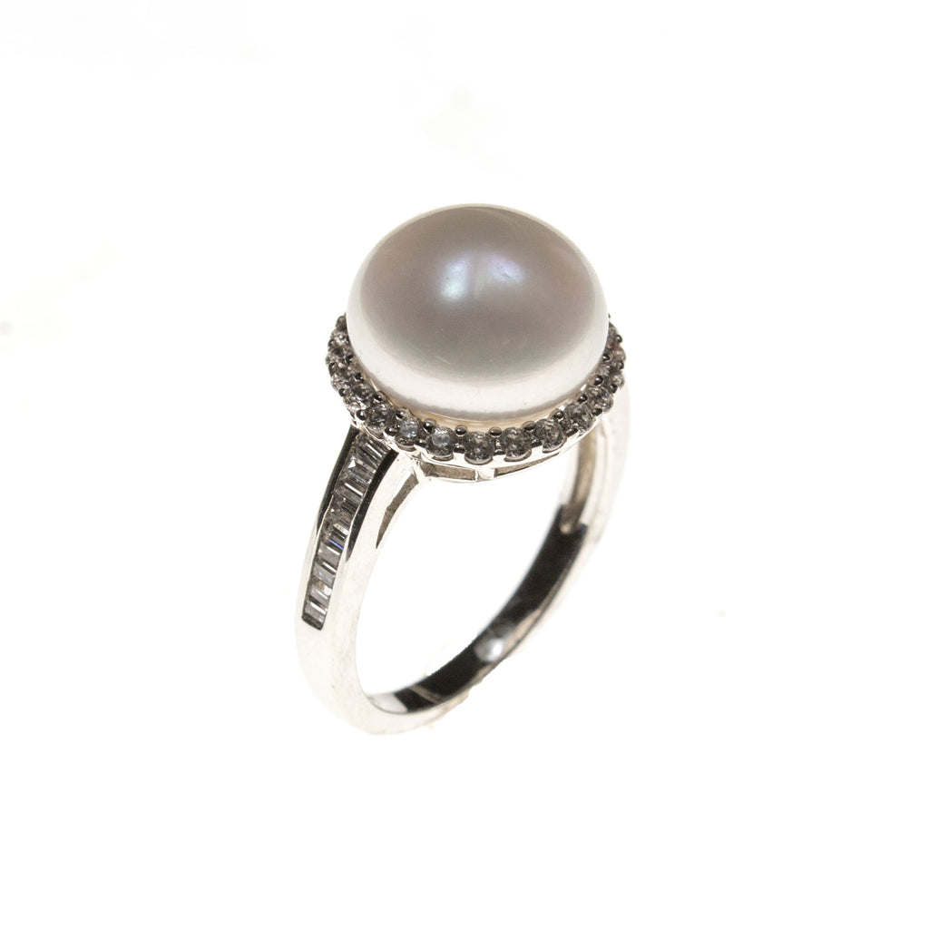 Sterling Silver Pearl CZ Ring Size 5,7