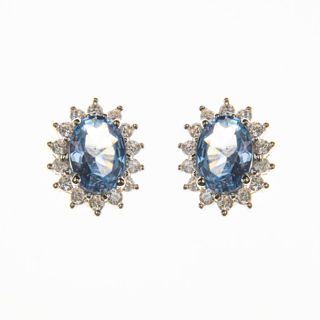 Sterling Silver Created Aquamarine and Cubic Zirconia Oval Stud Earrings