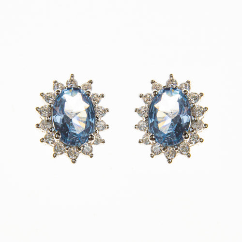 Sterling Silver Created Aquamarine and Cubic Zirconia Oval Stud Earrings