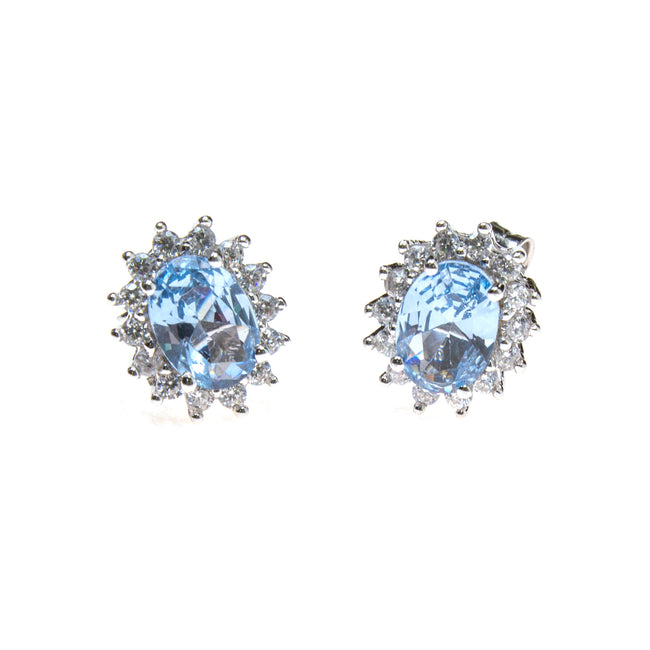Sterling Silver Created Aquamarine and Cubic Zirconia Oval Stud Earrings
