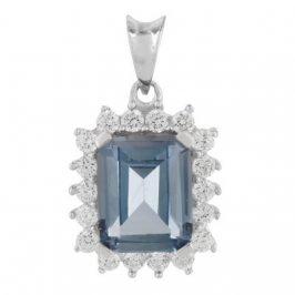 Sterling Silver Created Aquamarine & Cubic Zirconia Rectangle Pendant