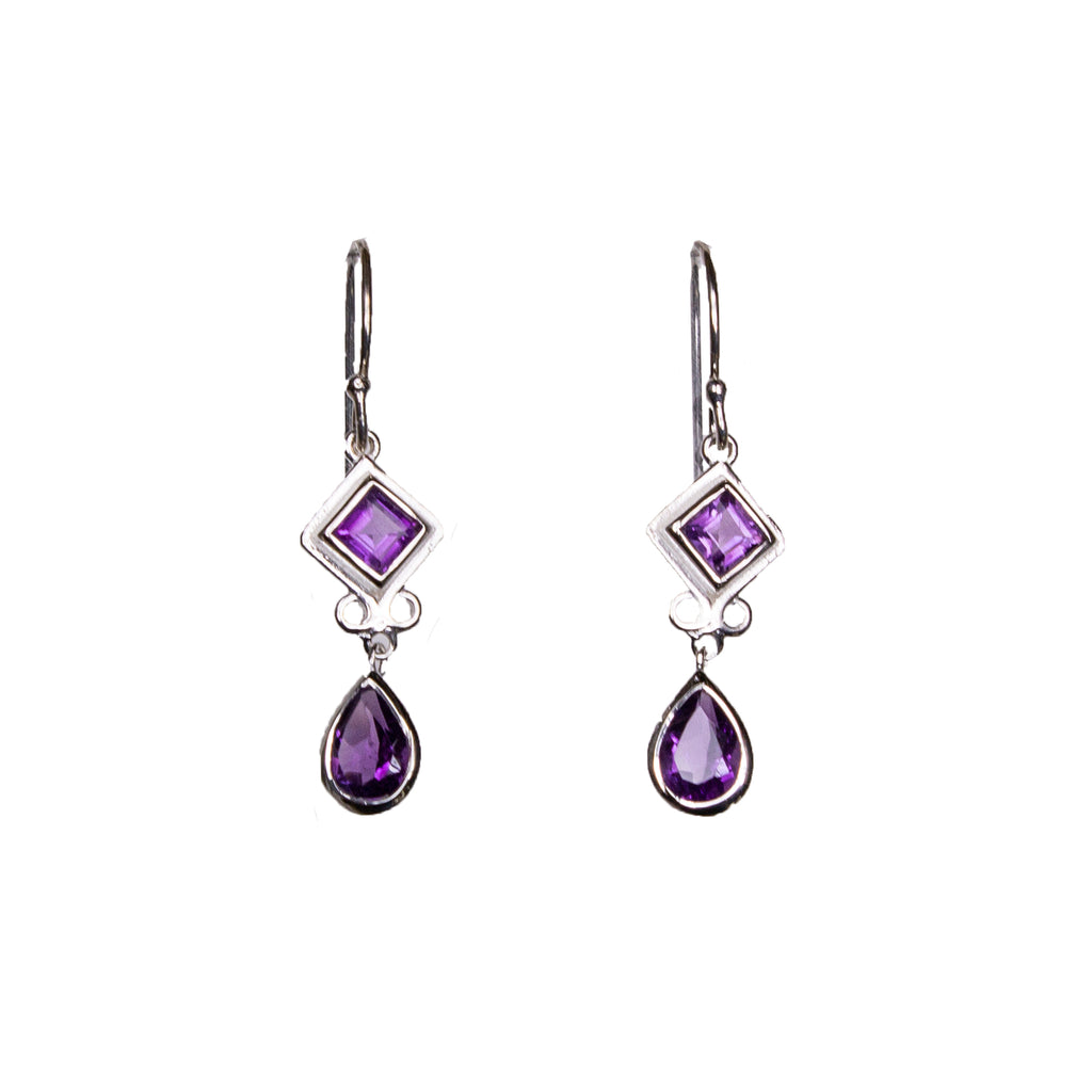 SS Amethyst Diamond & Pear Dangle Earrings