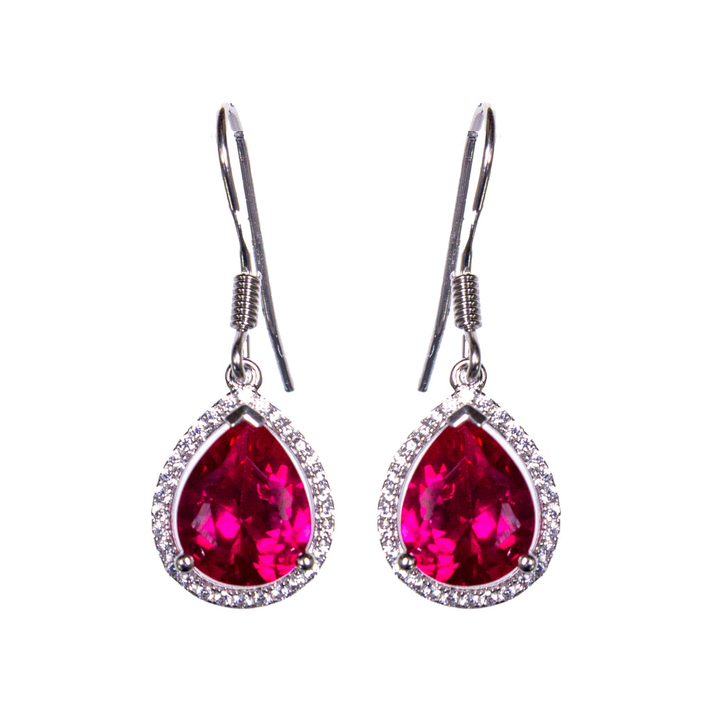 Sterling Silver Created Ruby & CZ Pear Earrings