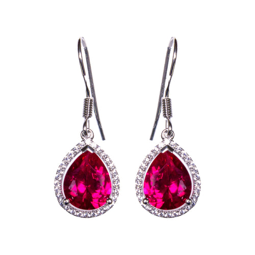Sterling Silver Created Ruby & CZ Pear Earrings