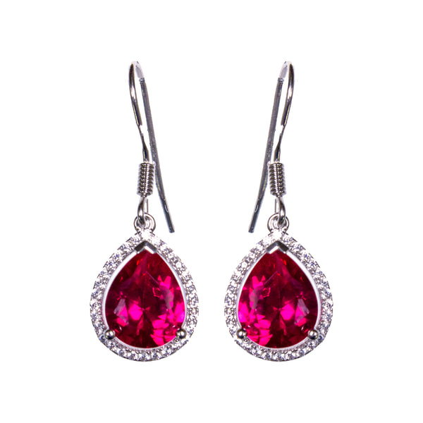 Sterling Silver Created Ruby & CZ Pear Earrings