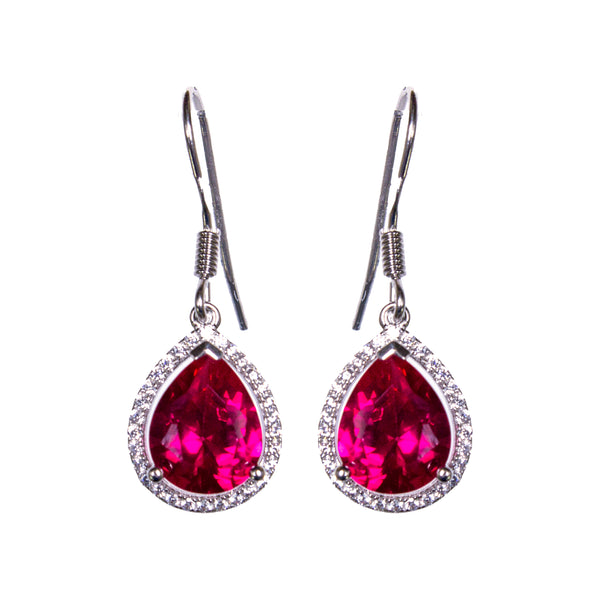 Sterling Silver Created Ruby & CZ Pear Earrings