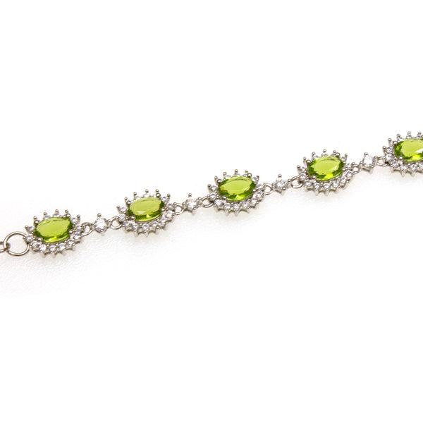 SS Created Peridot and CZ Flower Link Bracelet