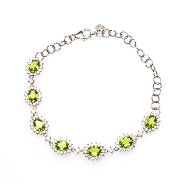 SS Created Peridot and CZ Flower Link Bracelet
