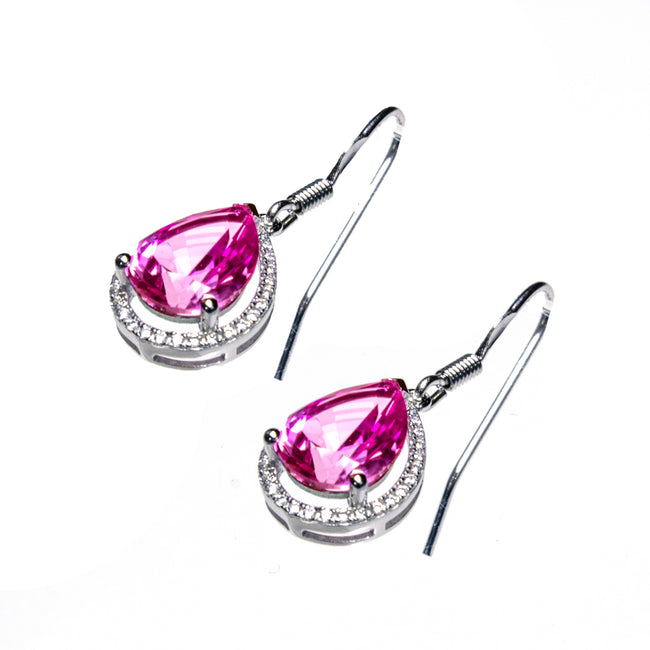 Sterling Silver Created Pink Sapphire & CZ Pear Earrings