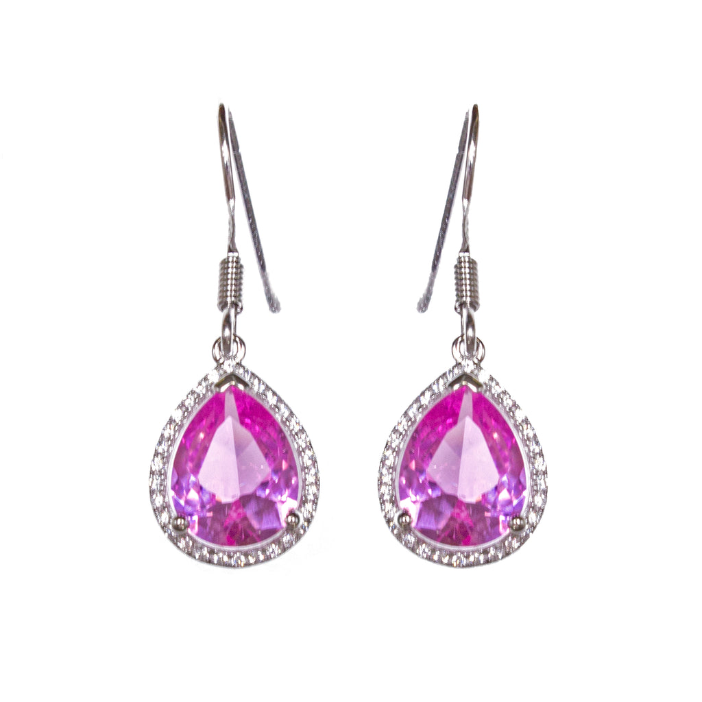 Sterling Silver Created Pink Sapphire & CZ Pear Earrings