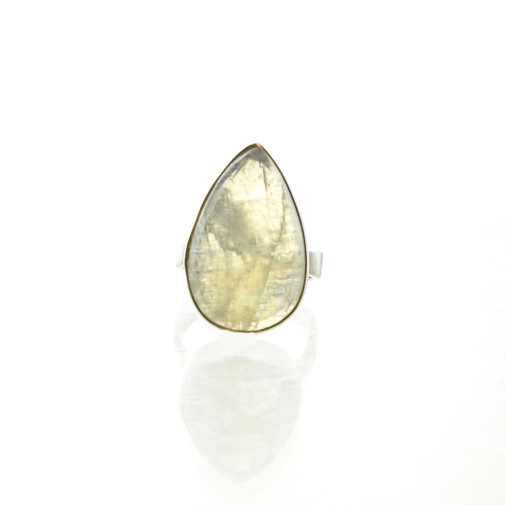 SS Wide Rainbow Moonstone Pear Ring (Size 8.5)