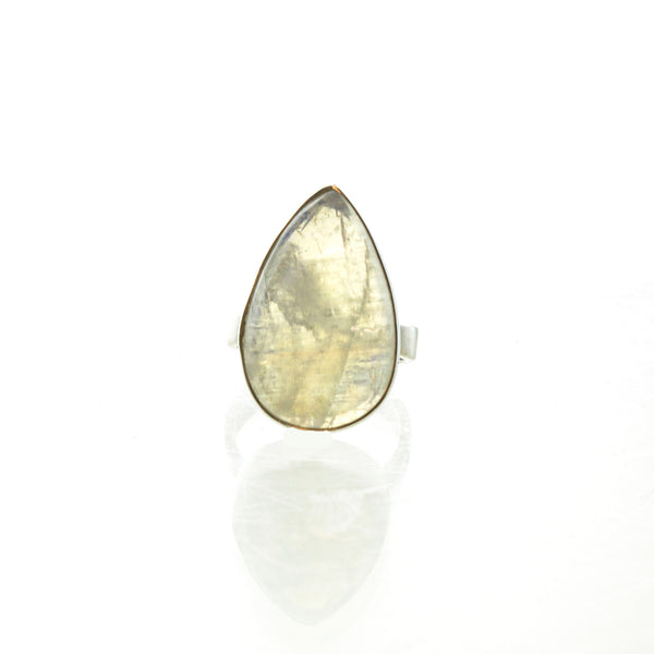 SS Wide Rainbow Moonstone Pear Ring (Size 8.5)