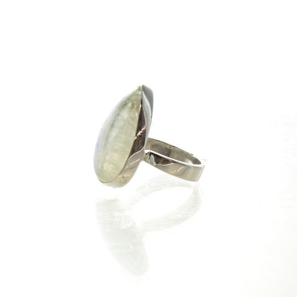 SS Wide Rainbow Moonstone Pear Ring (Size 8.5)