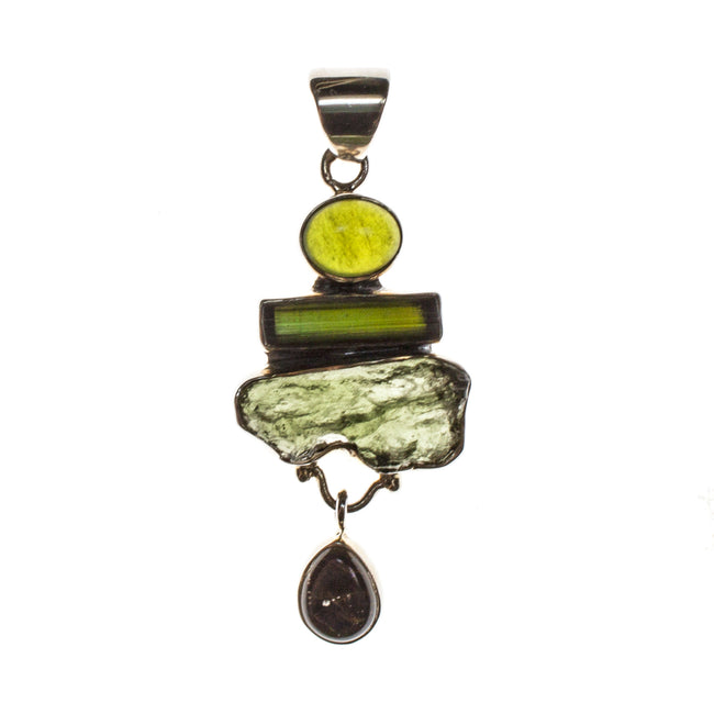 Sterling Silver Moldavite Tourmaline Ammolite Pendant