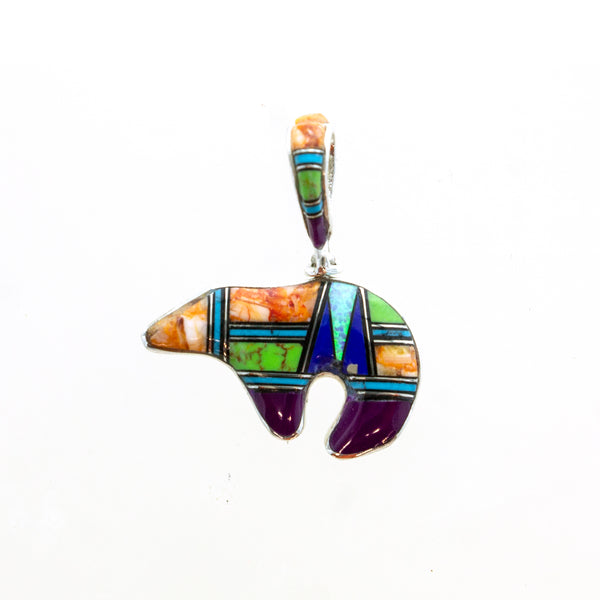 SS Multicolor Inlay Reversible Bear Pendant