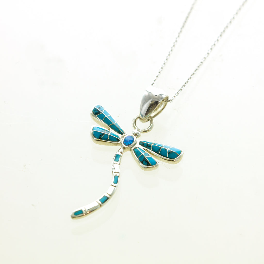 SS Turquoise & Created Opal Inlay Wavy Dragonfly Necklace