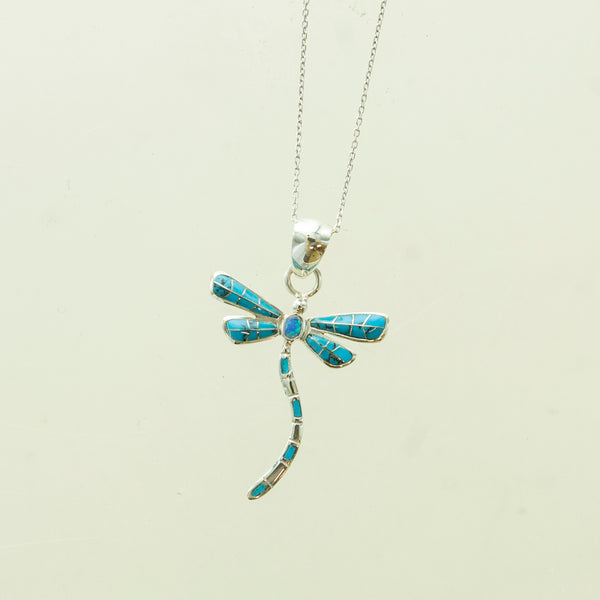 SS Turquoise & Created Opal Inlay Wavy Dragonfly Necklace