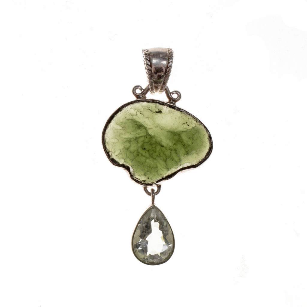 Sterling Silver Moldavite Nugget and Green Amethyst Pendant