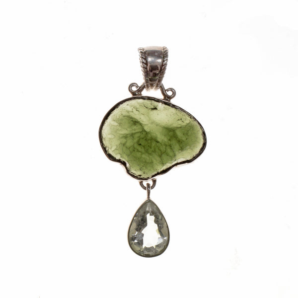 Sterling Silver Moldavite Nugget and Green Amethyst Pendant