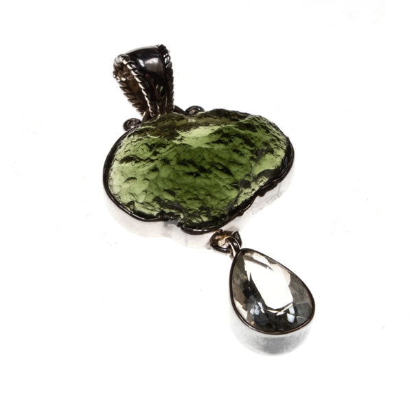 Sterling Silver Moldavite Nugget and Green Amethyst Pendant