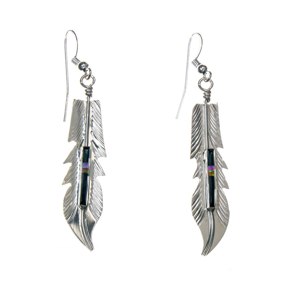 Sterling Silver Feather with Stone Inlay Earrings