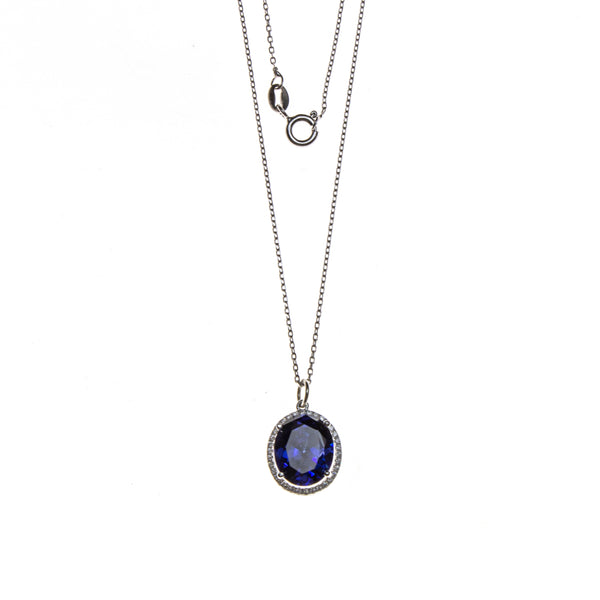 SS Created Tanzanite Oval w/ CZ Necklace