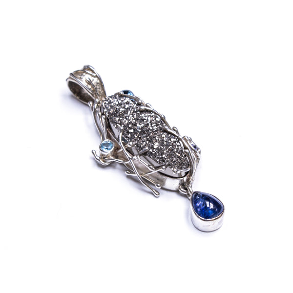 SS Black Druzy, Kyanite & Blue Topaz Twig Pendant