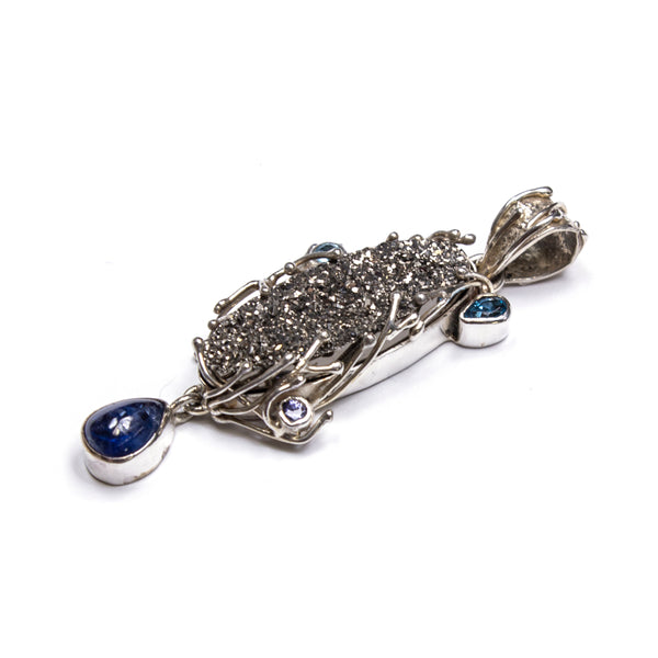 SS Black Druzy, Kyanite & Blue Topaz Twig Pendant