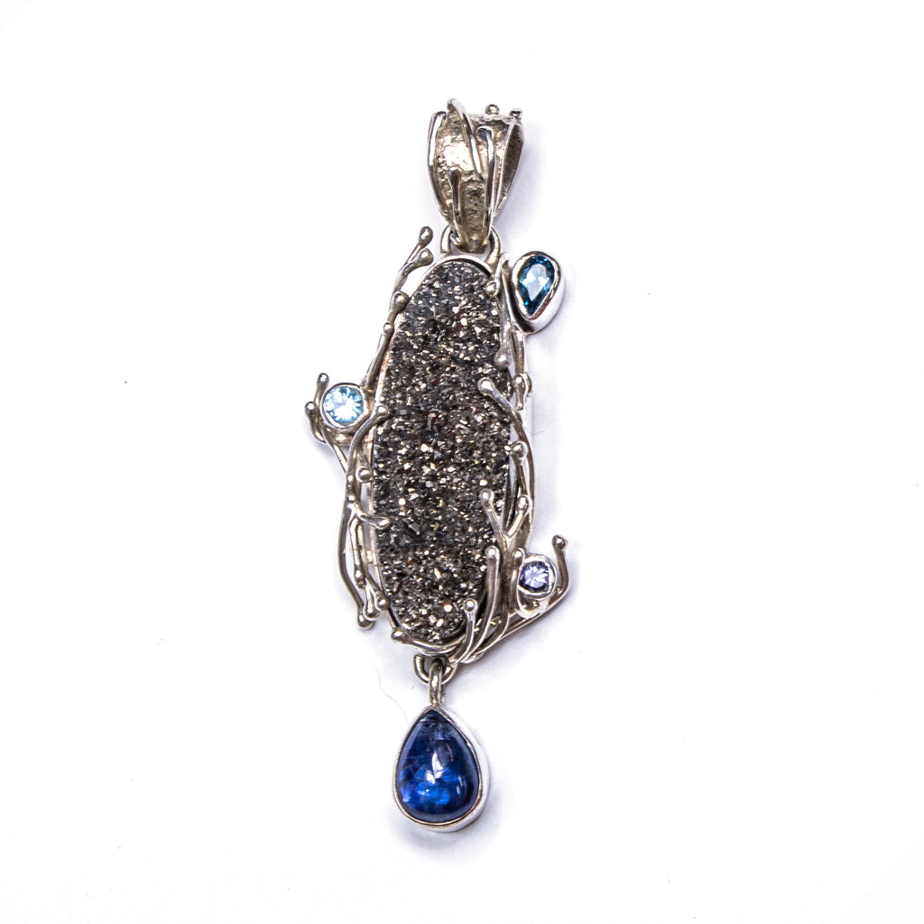 SS Black Druzy, Kyanite & Blue Topaz Twig Pendant