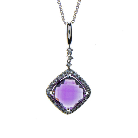 14K White Gold Blue Topaz Square Necklace