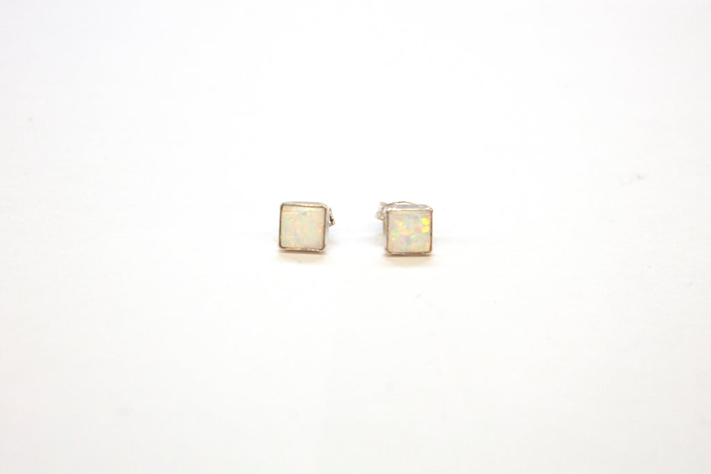 SS Created Opal White Stud Square Earrings