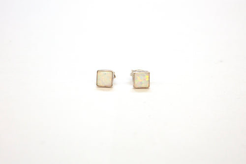 SS Created Opal White Stud Square Earrings